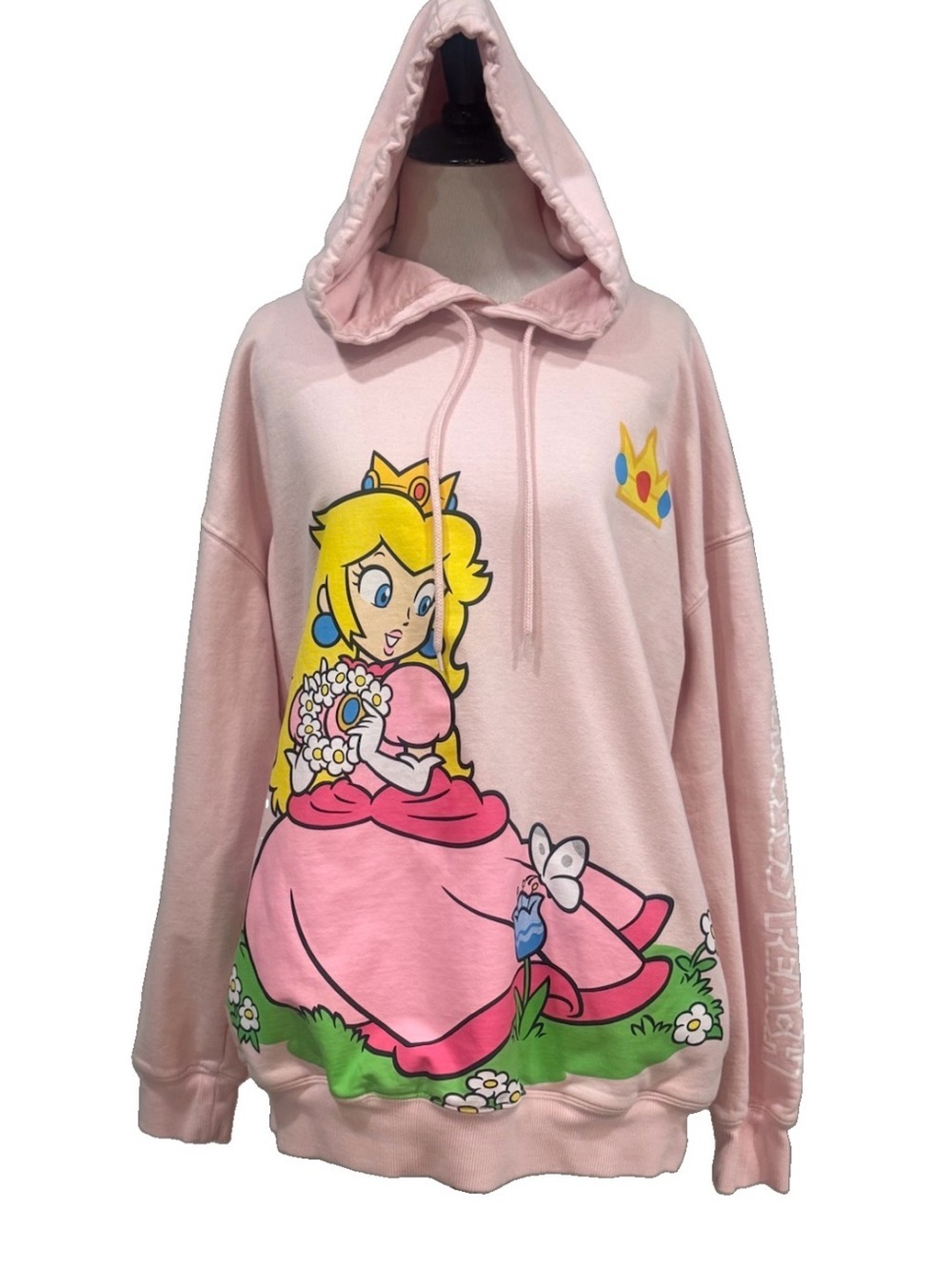 Super Mario Princess Peach Hoodie Womens Large Pink Nintendo Graphic Pullover